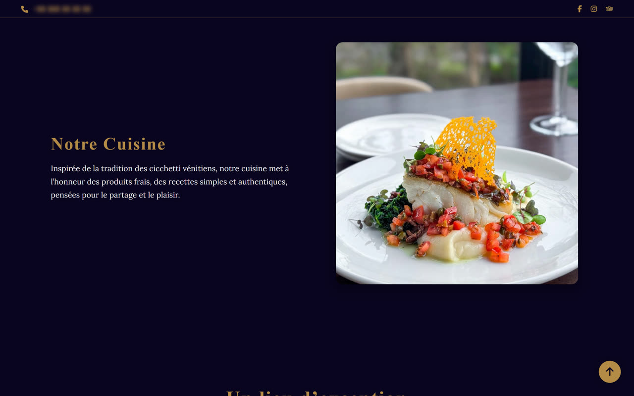 Page Le Restaurant, section Notre Cuisine avec la photo d’un plat.