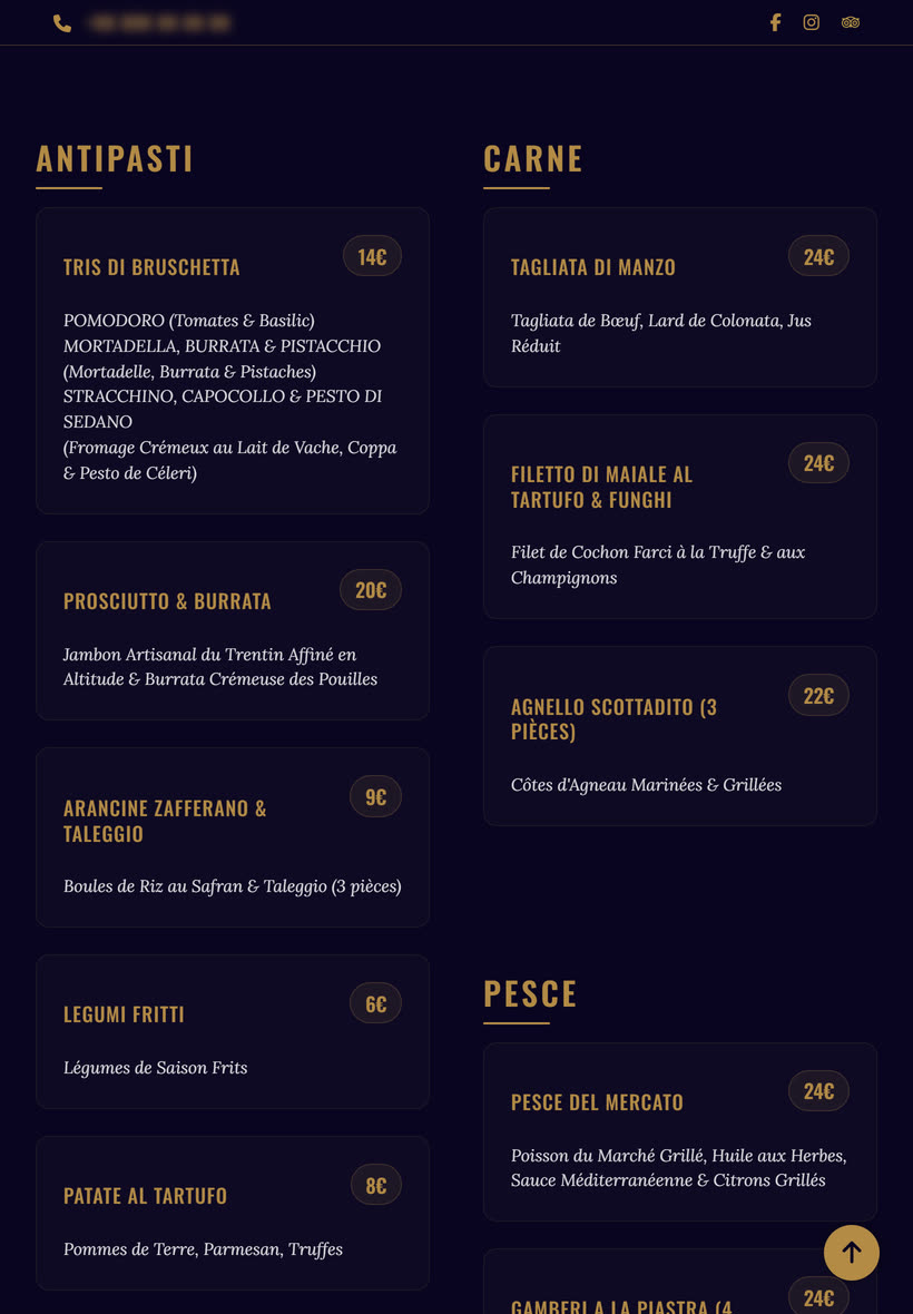 La carte du restaurant sur tablette.