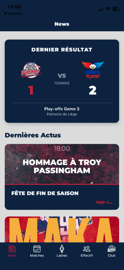 Onglet News : dernier résultat (Bulldogs 1, Unis Flyers 2) et dernières actualités du club.
