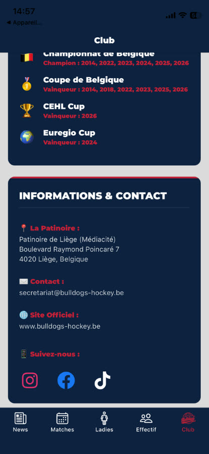 Onglet Club : palmarès, adresse de la patinoire, contact et réseaux sociaux.