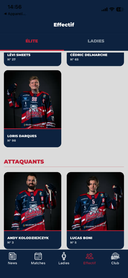 Onglet Effectif, équipe Élite : les joueurs en cartes, avec photo, nom et numéro, classés par poste.