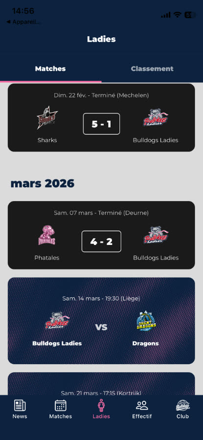 Onglet Ladies : matchs de l’équipe féminine, avec un accent rose.