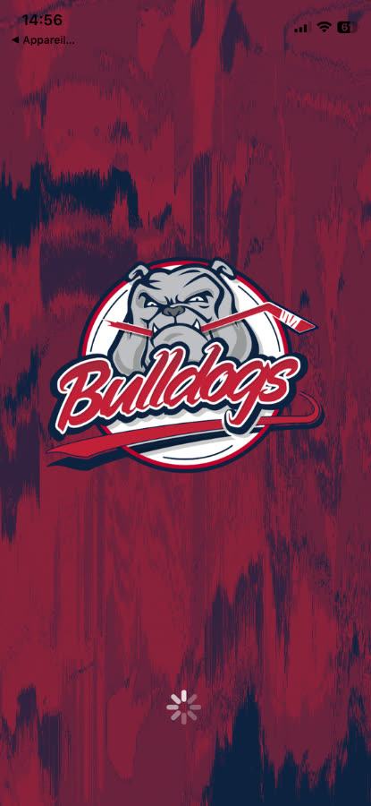 Application des Bulldogs, écran de lancement avec le logo du club.