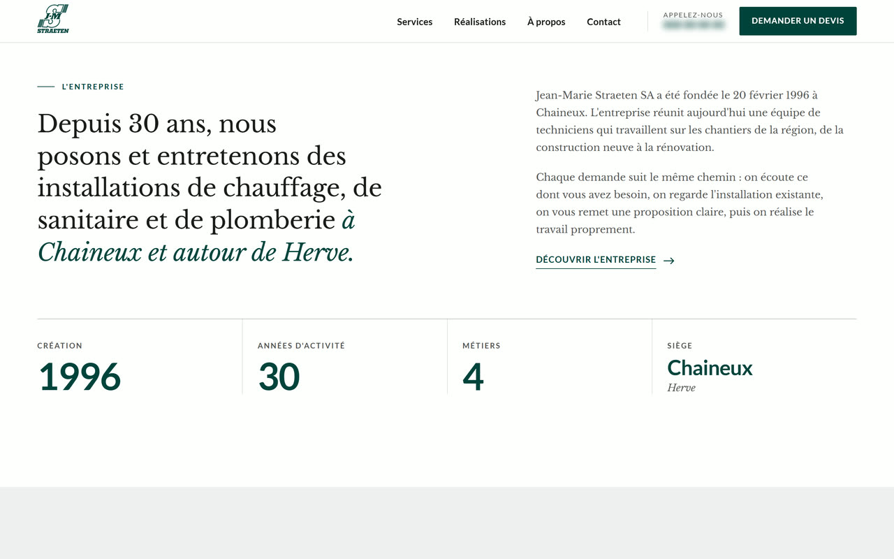 Présentation de l’entreprise et chiffres clés : création en 1996, 30 ans d’activité, 4 métiers, siège à Chaineux.