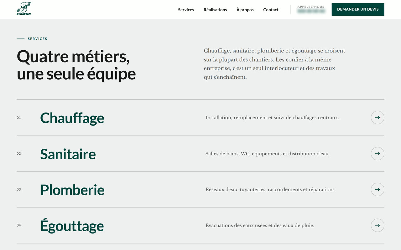 Section « Quatre métiers, une seule équipe » : chauffage, sanitaire, plomberie, égouttage.
