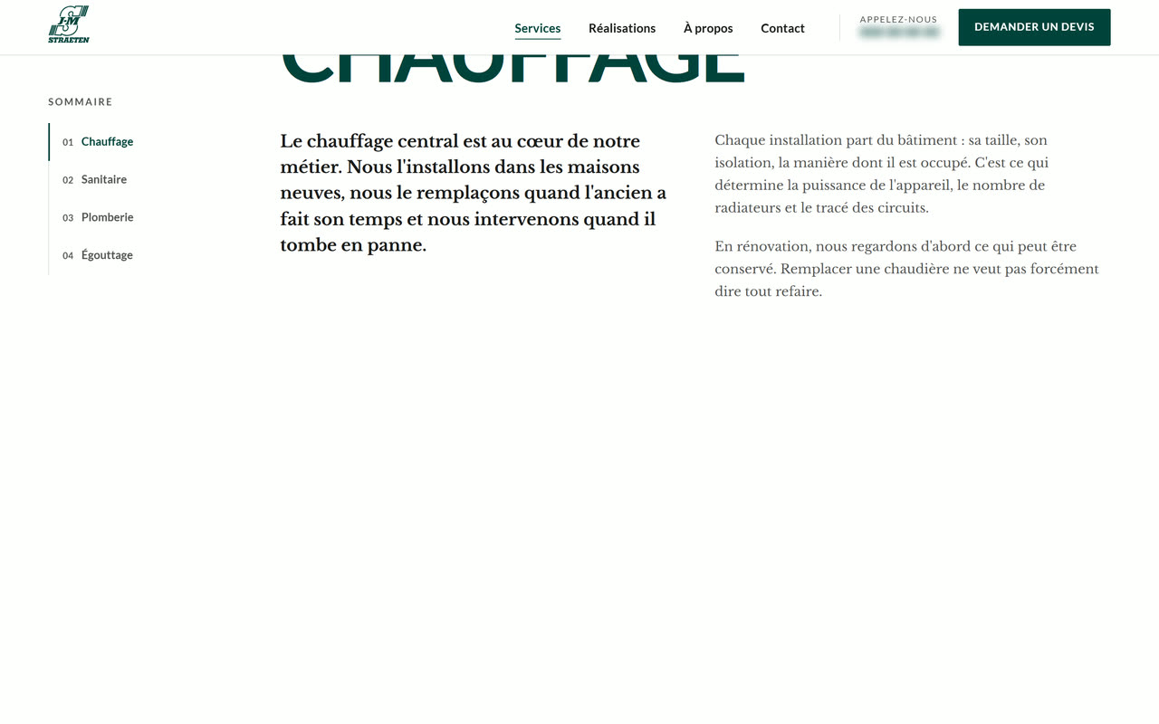 Page Services, rubrique Chauffage, avec le sommaire latéral qui suit la lecture.