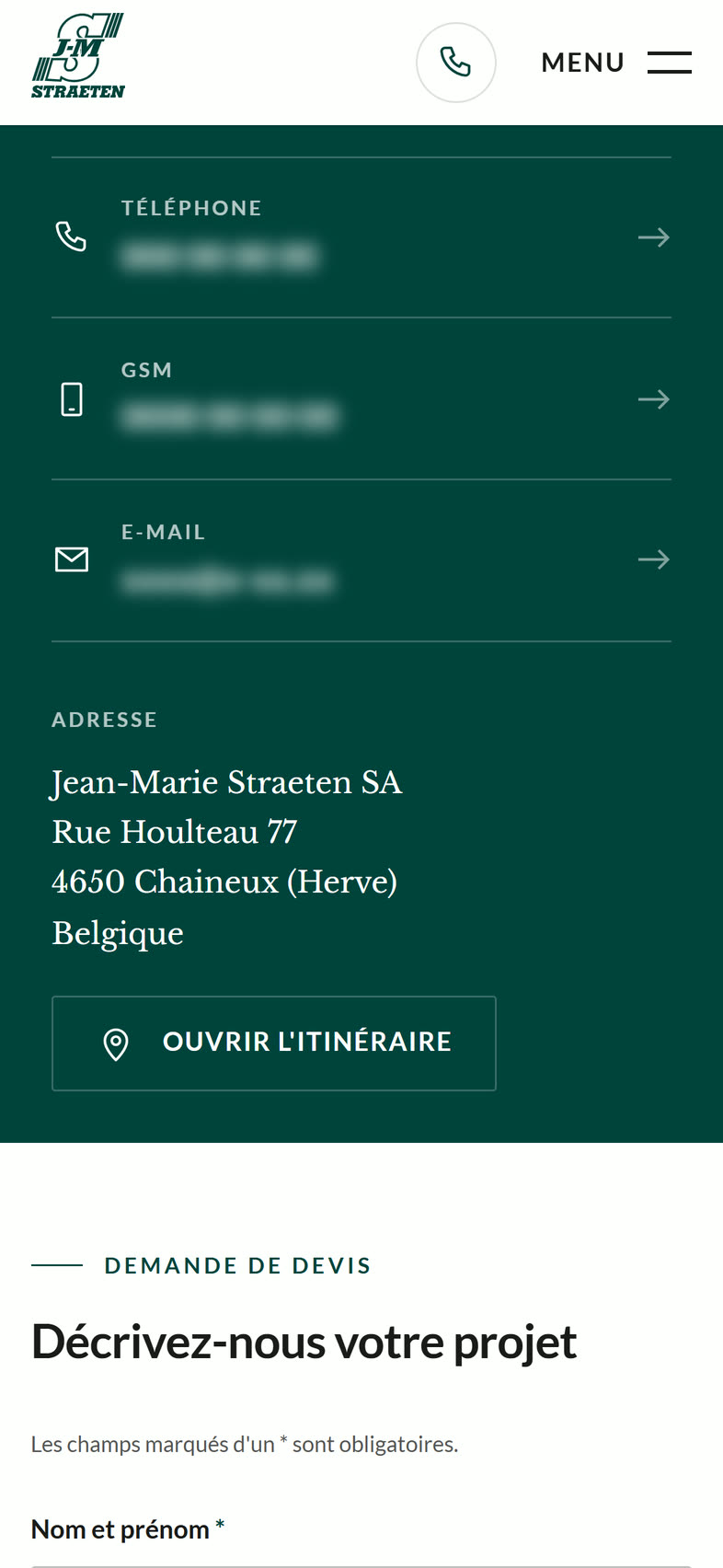 Coordonnées et début du formulaire de devis sur téléphone.