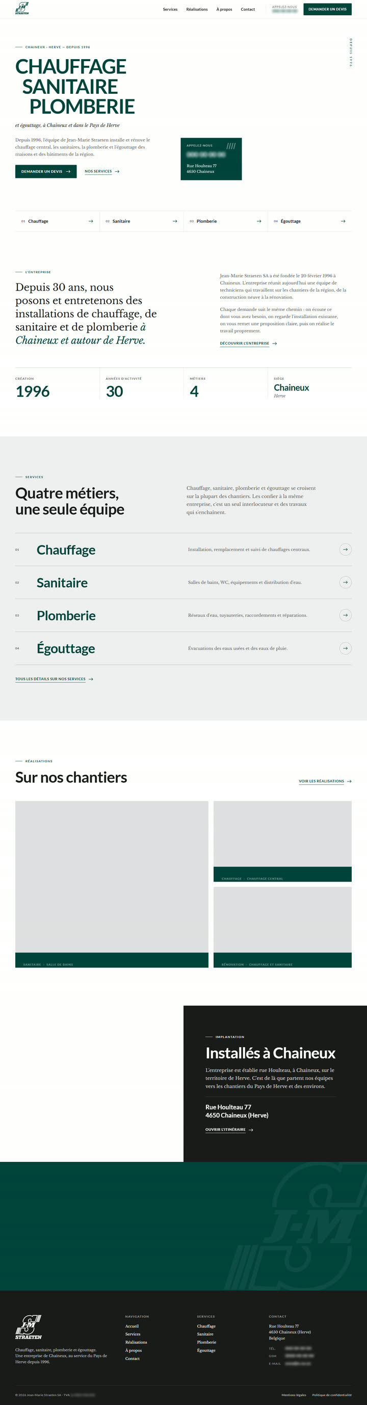 La page d’accueil entière de JM Straeten, de l’en-tête au pied de page.