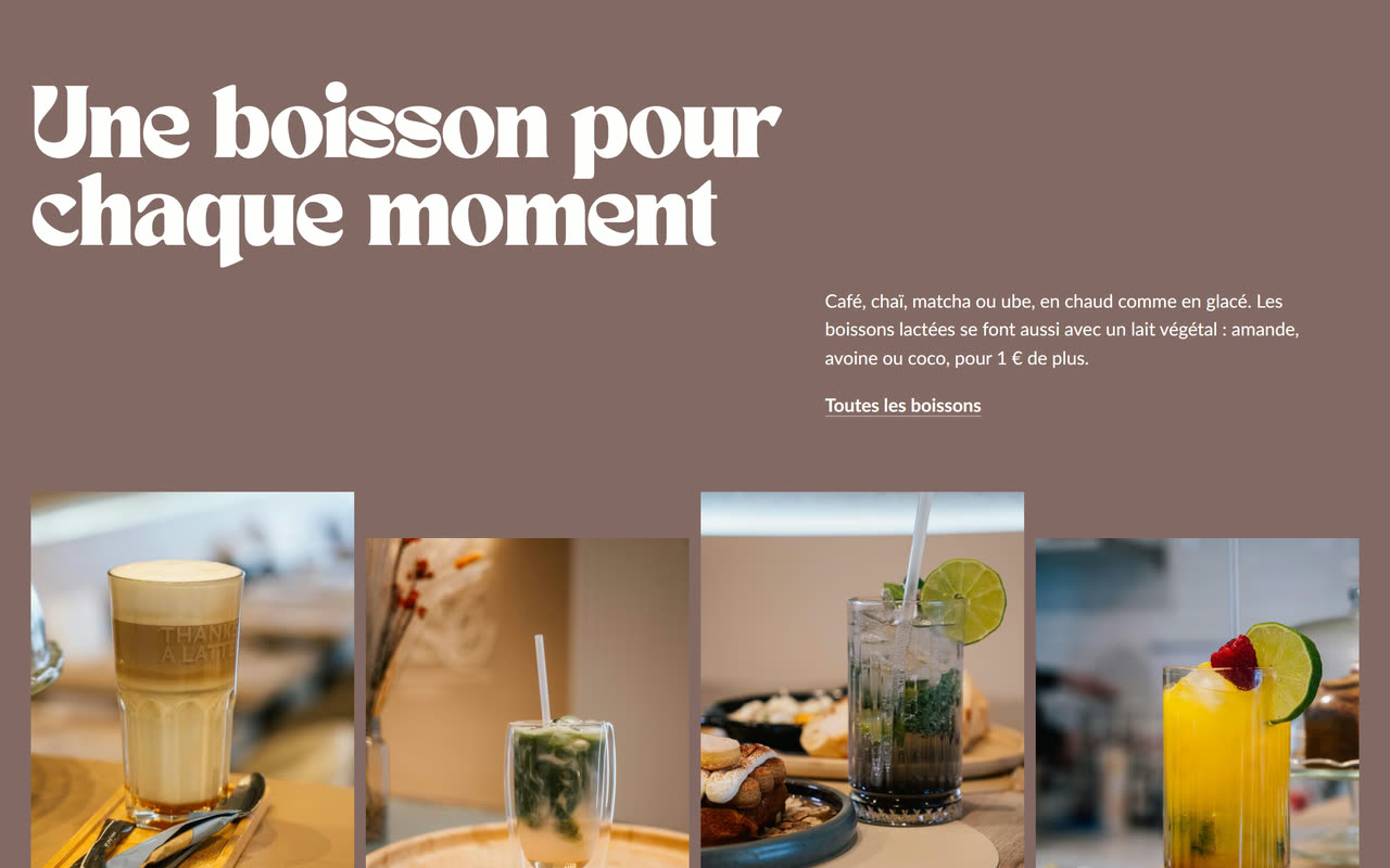 Section « Une boisson pour chaque moment » sur fond vieux rose, avec quatre photos de boissons.
