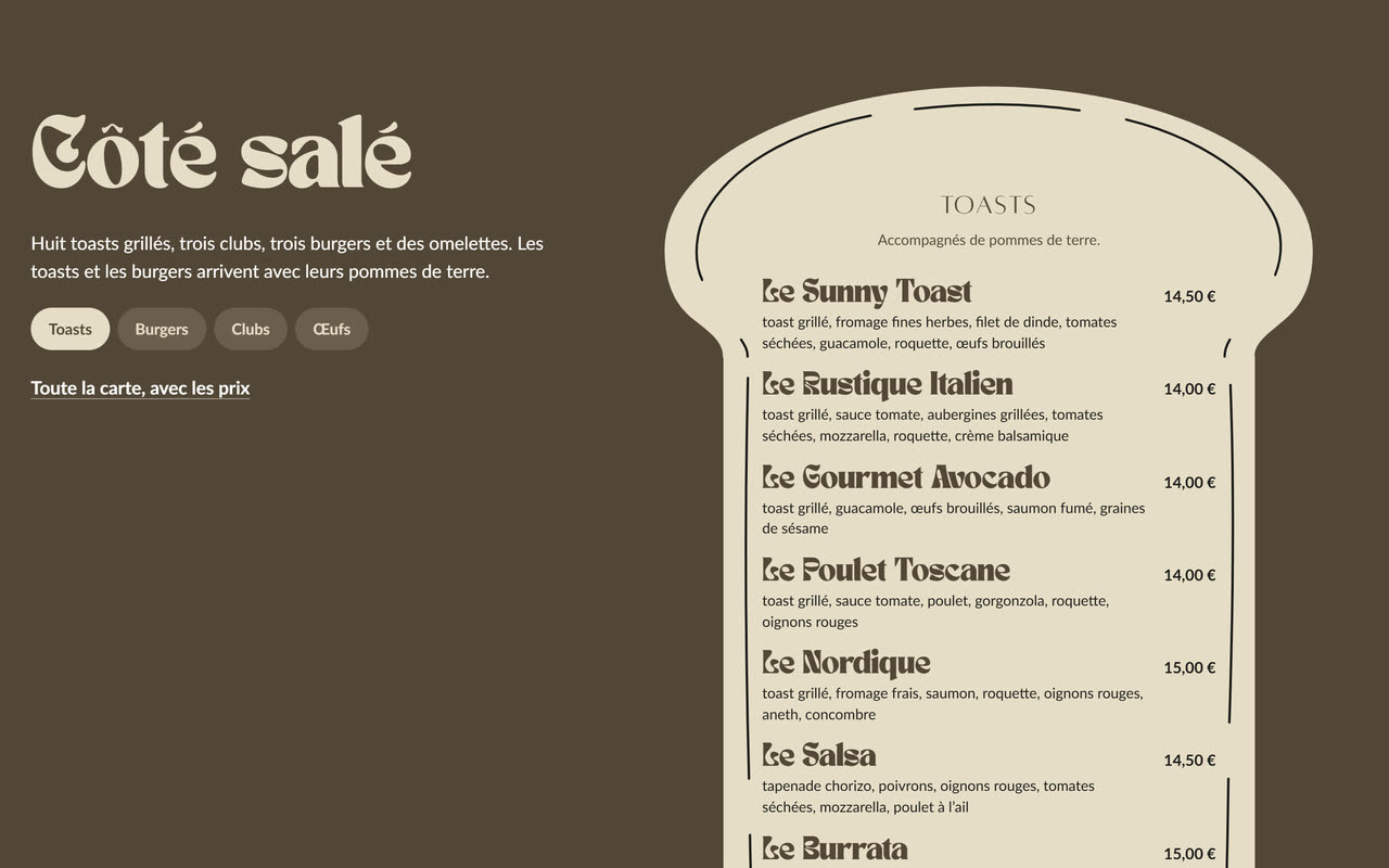 Section Côté salé : le texte et les onglets à gauche, à droite la carte des toasts dans une grande tranche de pain crème, avec les prix.