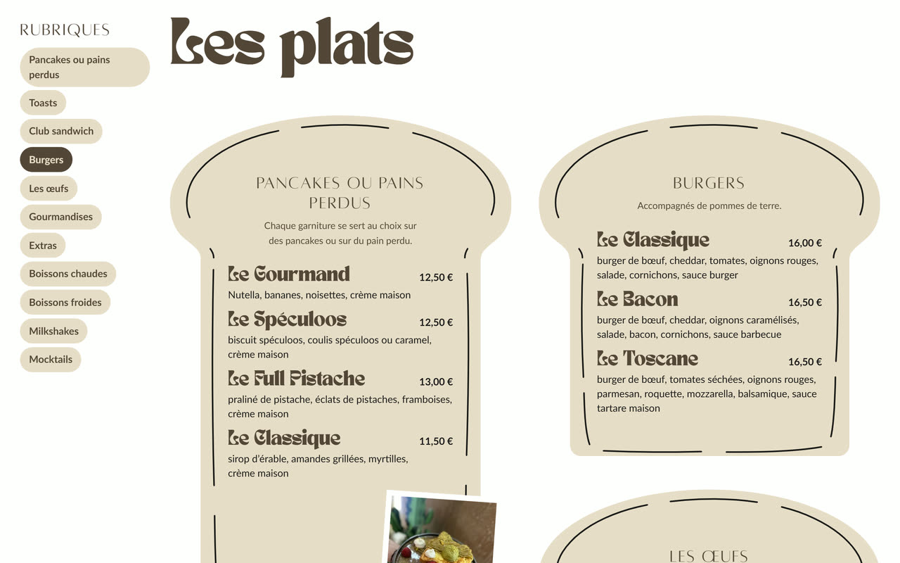 Page La carte : les rubriques à gauche, puis les pancakes et pains perdus et les burgers, chacun dans sa tranche, avec les prix.
