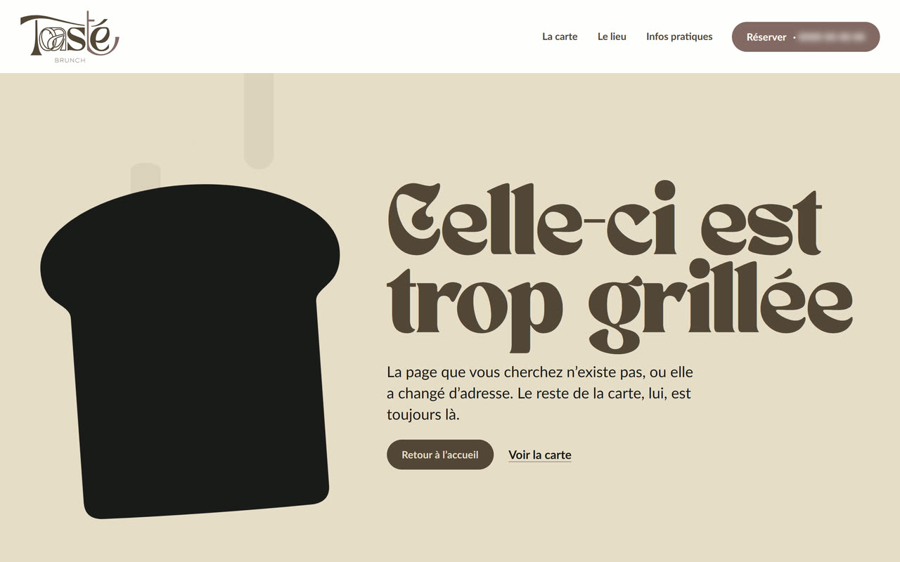 Page d’erreur : une tranche de pain carbonisée à côté du titre « Celle-ci est trop grillée ».