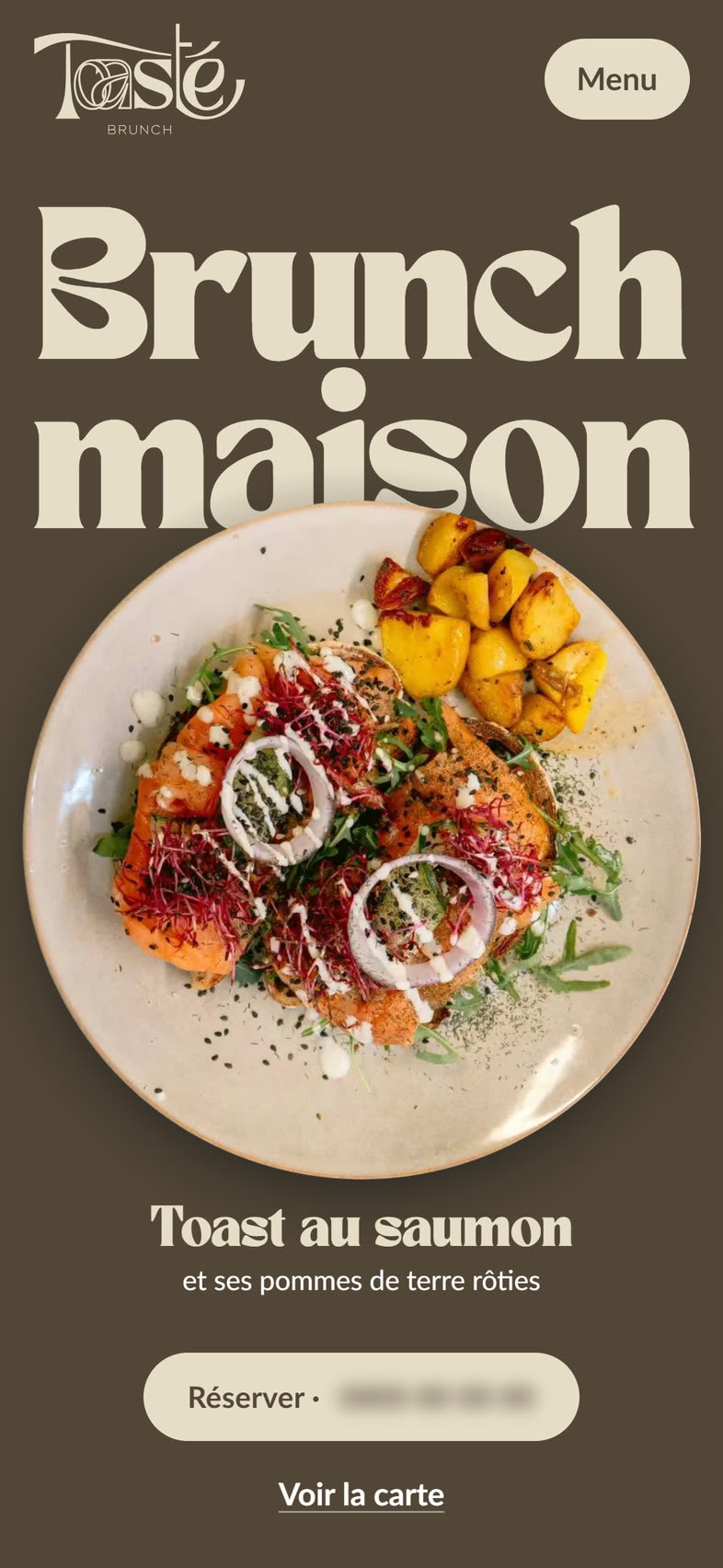 Accueil sur téléphone : le titre « Brunch maison » et l’assiette du toast au saumon.