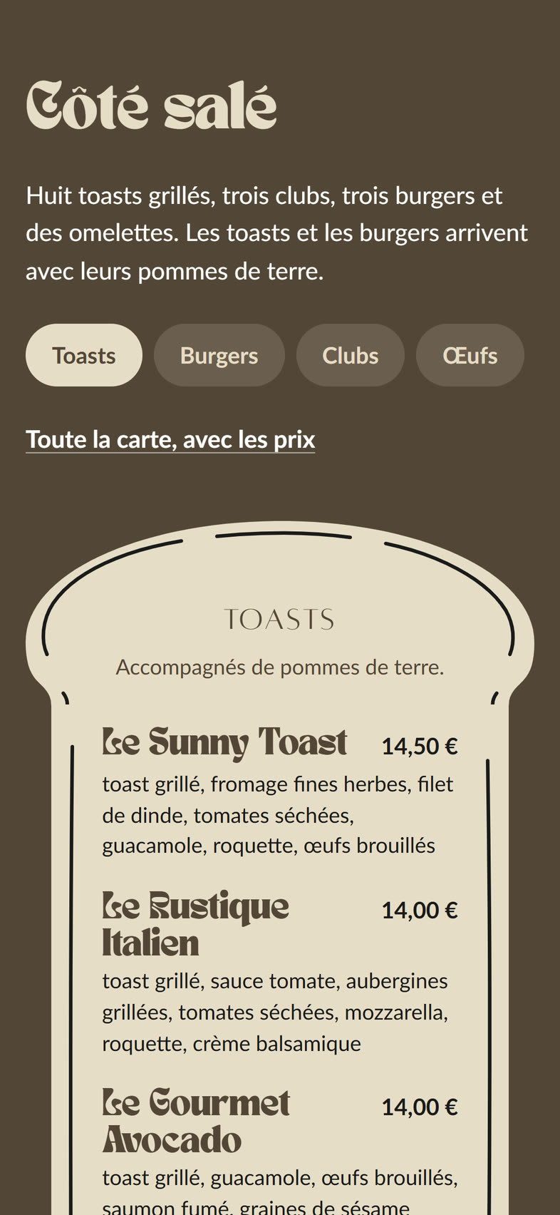 Côté salé sur téléphone : les onglets, puis la carte des toasts dans sa tranche.