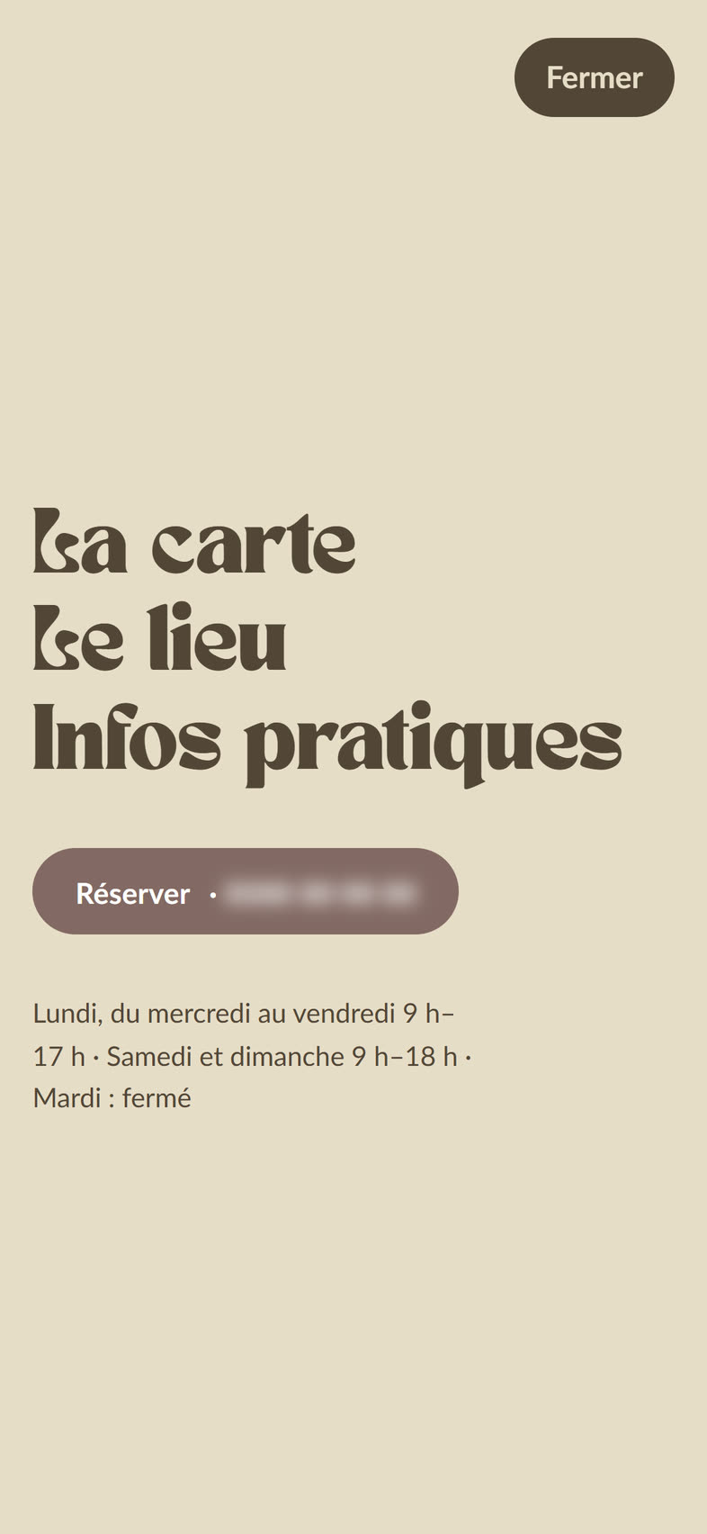 Menu mobile ouvert : La carte, Le lieu, Infos pratiques et le bouton Réserver.
