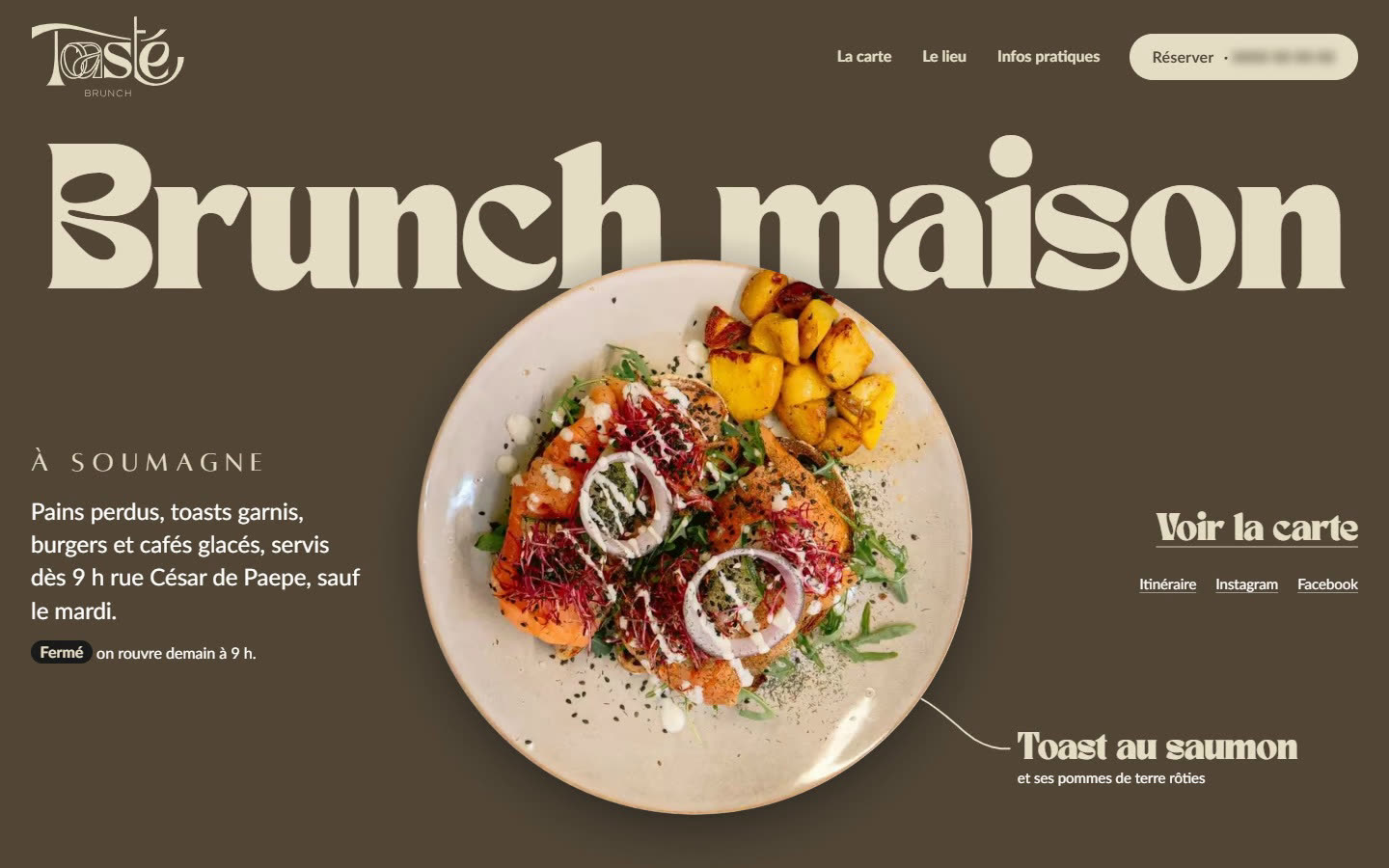 Accueil du site Toasté Brunch : le titre « Brunch maison » en grand sur fond brun, et l’assiette du toast au saumon posée devant.