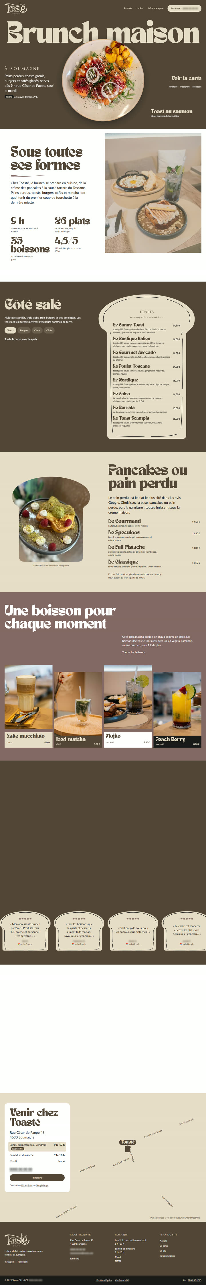 Page d’accueil complète : l’ouverture, la présentation, le salé, les pains perdus, les boissons, le lieu, les avis, les questions fréquentes, le plan et le pied de page.