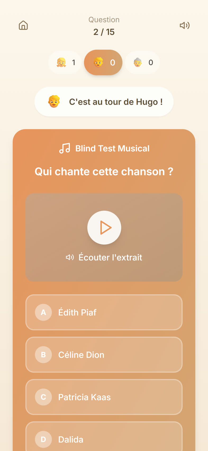 Question musicale dans le mode Défi : bouton « Écouter l’extrait ».