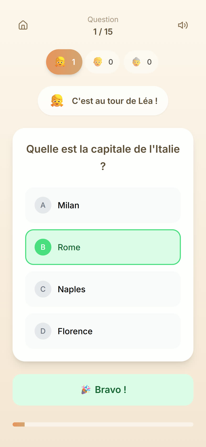 Bonne réponse : Rome en vert, message « Bravo ! ».