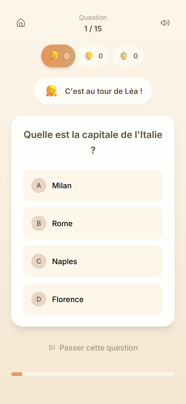 Mode Défi : « Quelle est la capitale de l’Italie ? », quatre réponses.