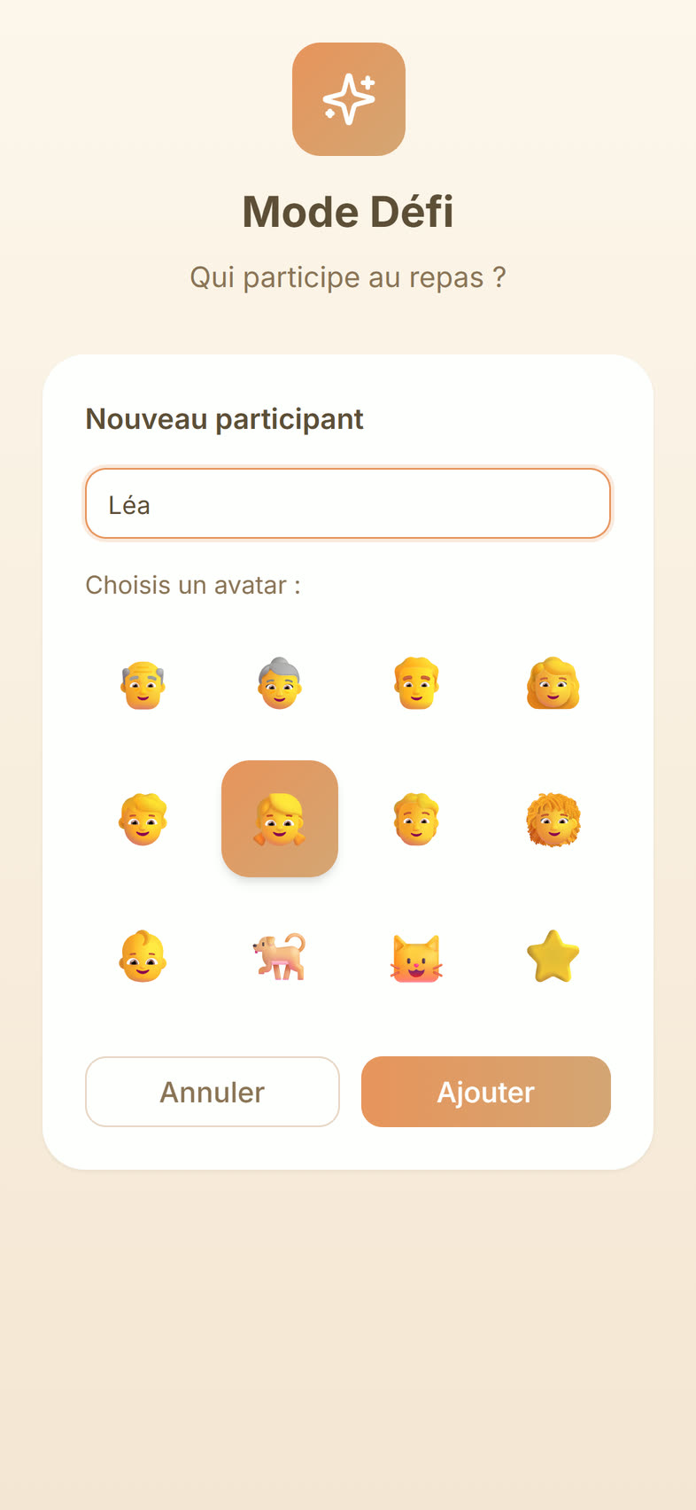 Ajout d’un participant : prénom et choix d’un avatar.