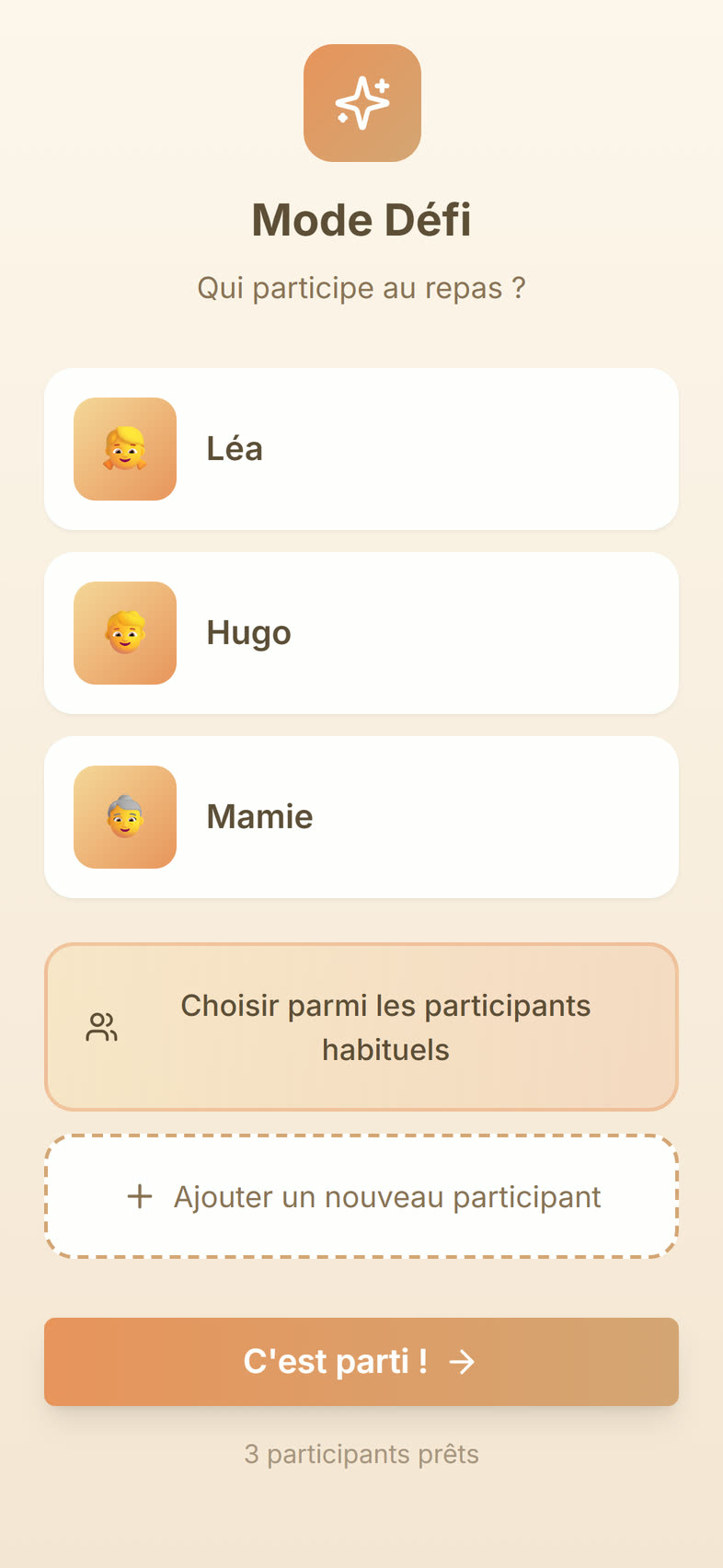 Trois participants prêts, bouton « C’est parti ! ».