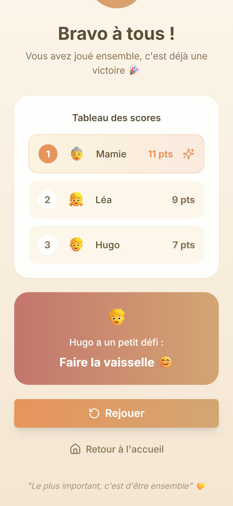 Fin de partie : petit défi pour le dernier et bouton Rejouer.