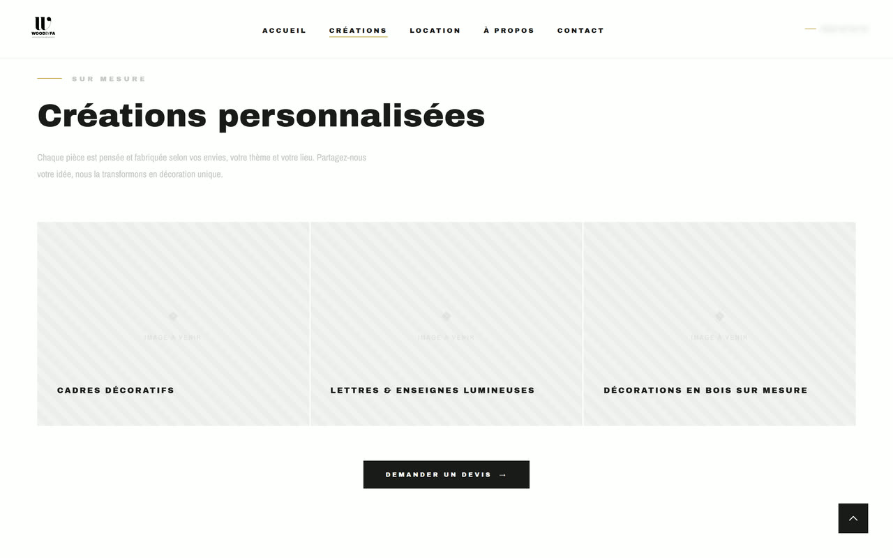 Section Créations personnalisées : trois emplacements de photos encore vides, avec leurs titres.