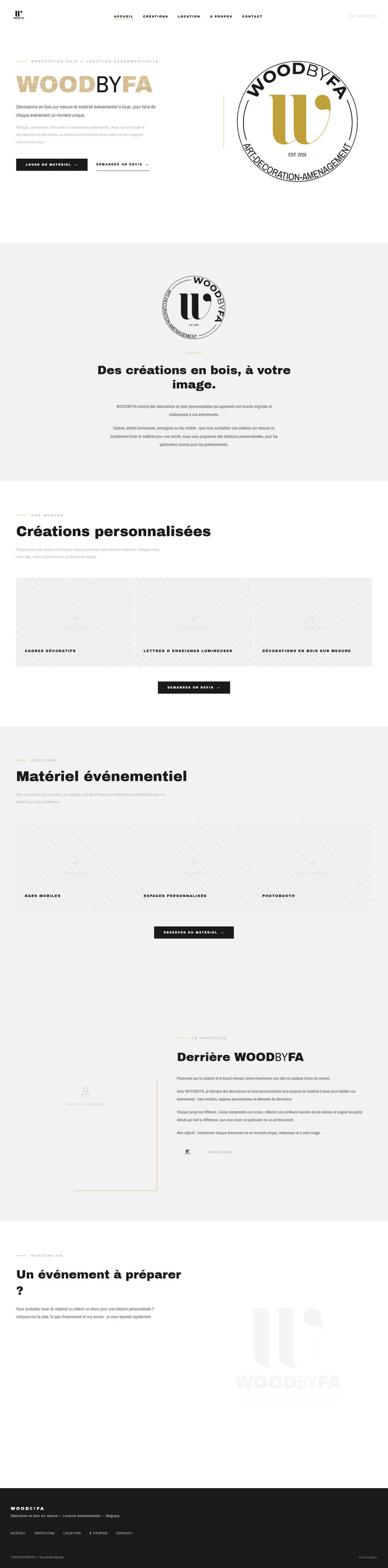 La page entière de Woodbyfa, de l’accueil au pied de page.